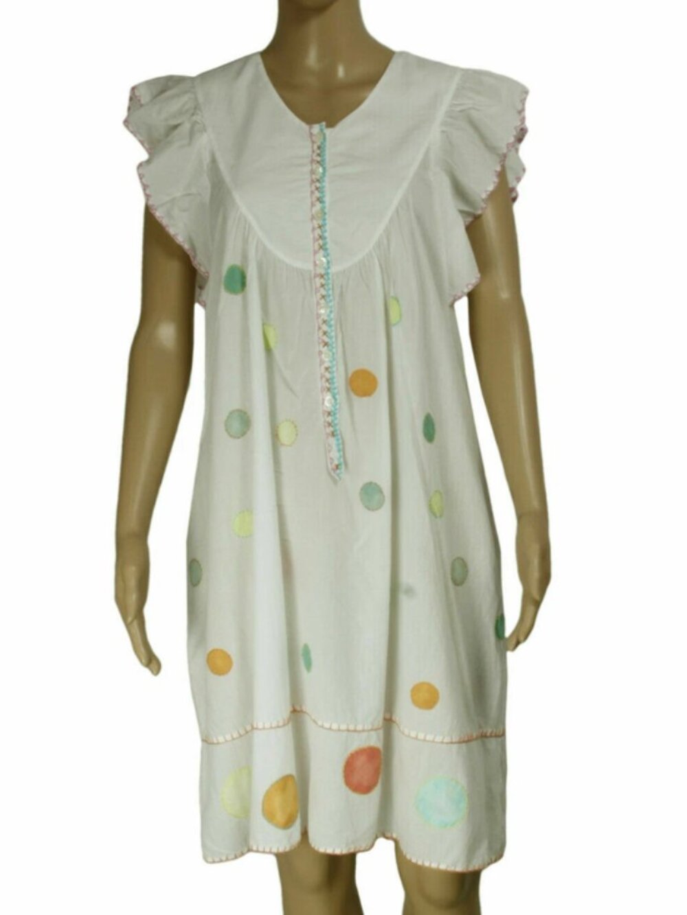 Anthropologie Embroidered Button Flutter Sleeve Ruffle White Tunic Dress XS